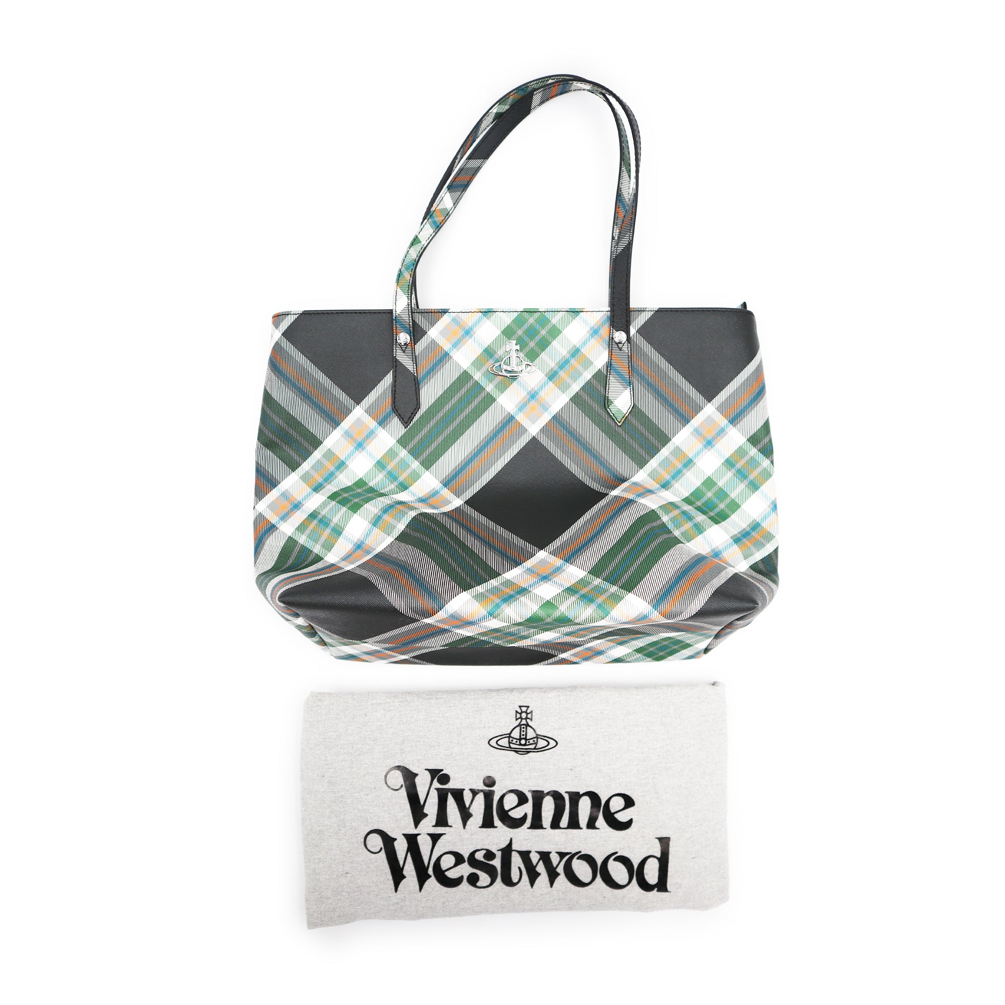 Vivienne Westwood Tartan Print Leather Tote Bag Green